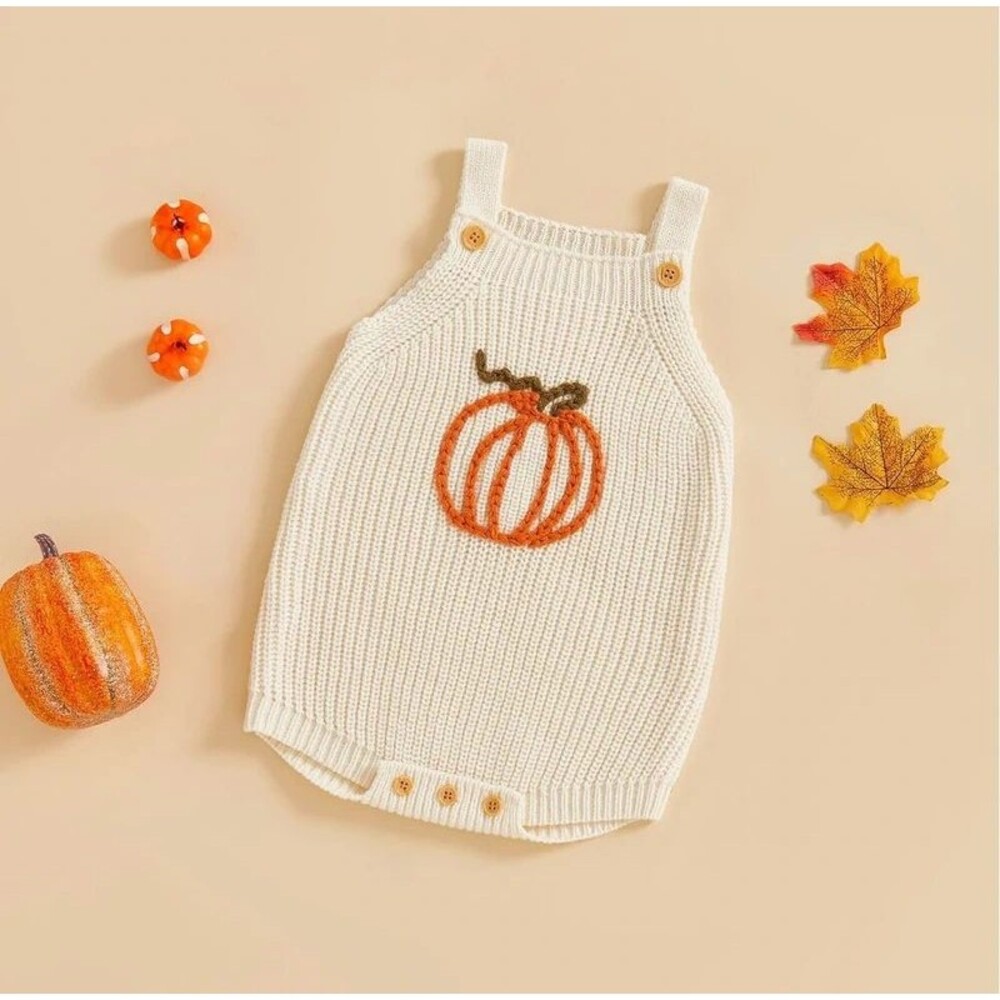 Baby Fall Halloween Romper Pumpkin Knit Sweater Sleeveless Bodysuit Overall